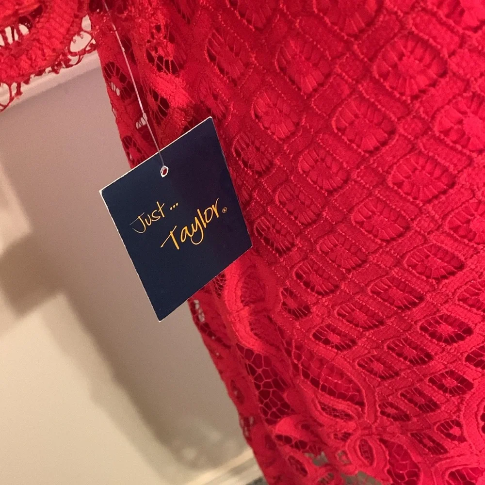 Just Taylor Elegant Red Lace Dress Sz 4 NEW Gorgeous body lined Sheer neck/Arms